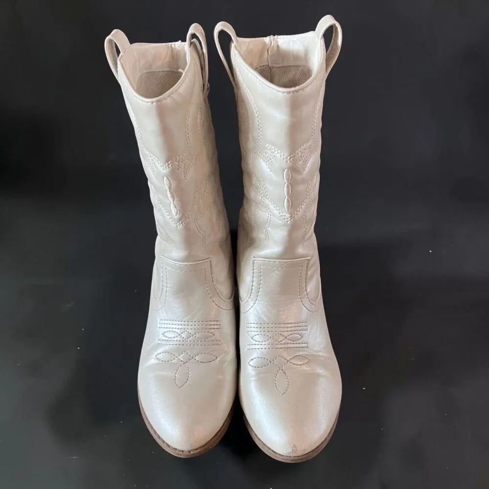Links Pearl White Western Cowboy Boots Girls Size 1 Embroidered Cowgirl Mid Calf